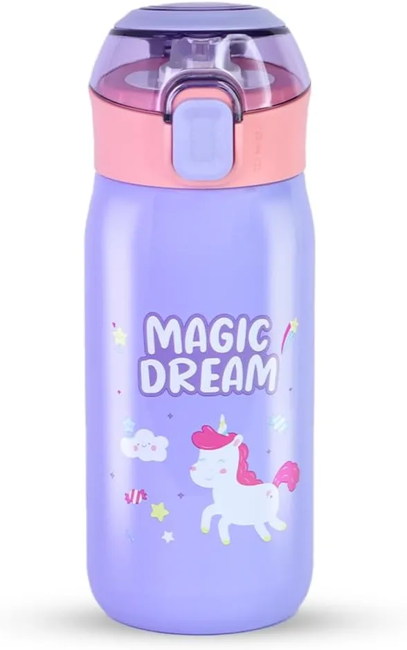 Smart Sipper Insulated Steel Bottle with Unicorn Eye-catching Print Stylish & Functional Easy to Carry with Handle Food Grade,Leakproof-Ideal for Office,School,Outdoor-500ml Unicorn Lavender