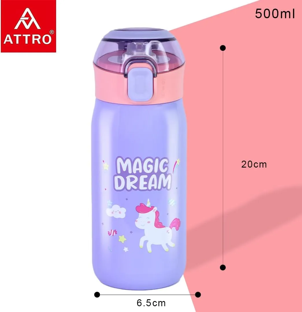 Smart Sipper Insulated Steel Bottle with Unicorn Eye-catching Print Stylish & Functional Easy to Carry with Handle Food Grade,Leakproof-Ideal for Office,School,Outdoor-500ml Unicorn Lavender
