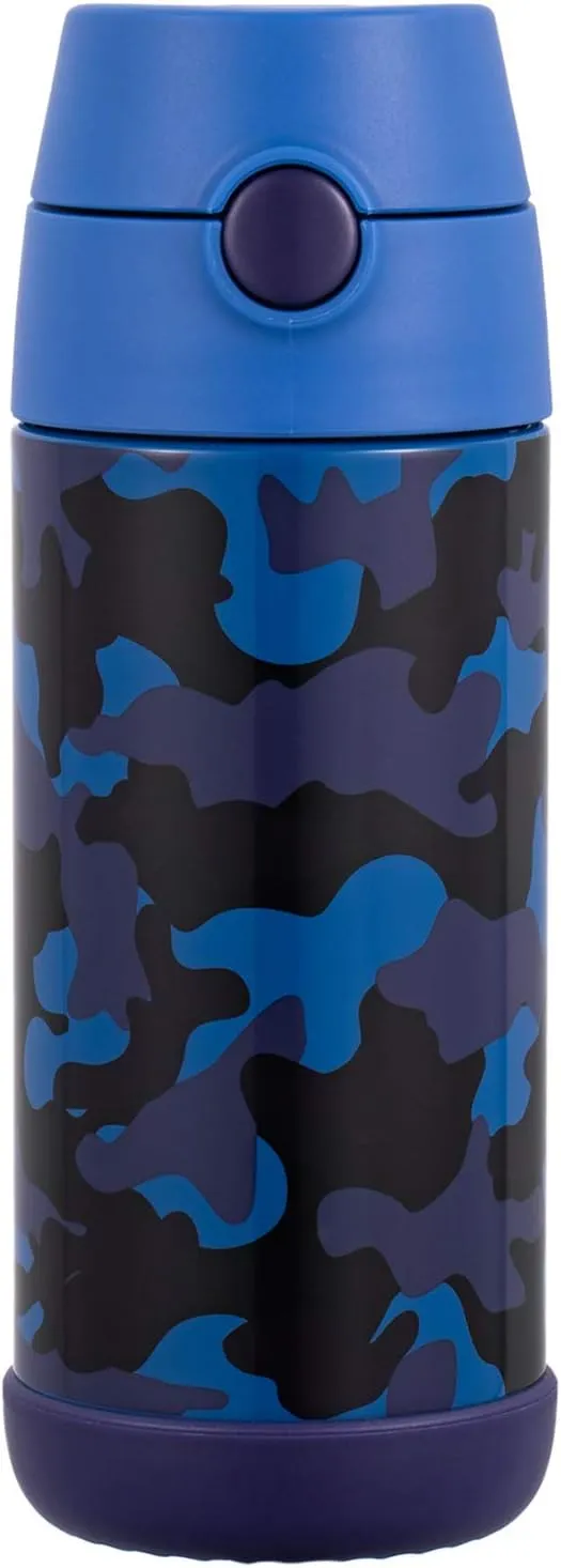 Snug Kids Water Bottle - insulated stainless steel thermos with straw (Girls/Boys) - Blue Camo, 12oz