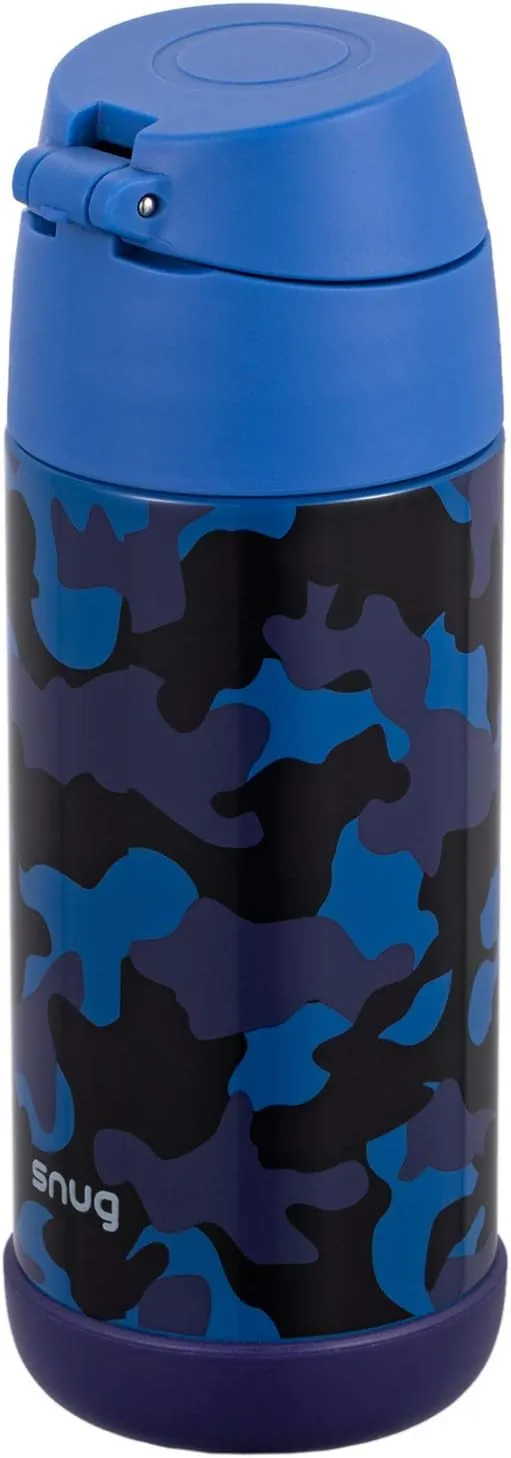 Snug Kids Water Bottle - insulated stainless steel thermos with straw (Girls/Boys) - Blue Camo, 12oz