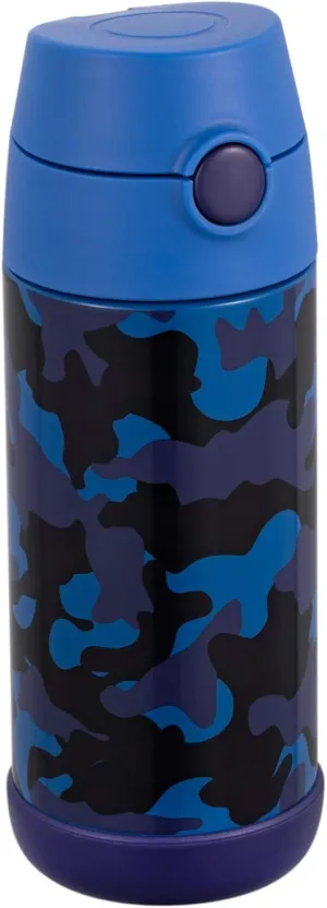 Snug Kids Water Bottle - insulated stainless steel thermos with straw (Girls/Boys) - Blue Camo, 12oz