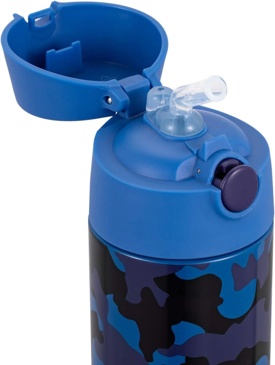 Snug Kids Water Bottle - insulated stainless steel thermos with straw (Girls/Boys) - Blue Camo, 12oz