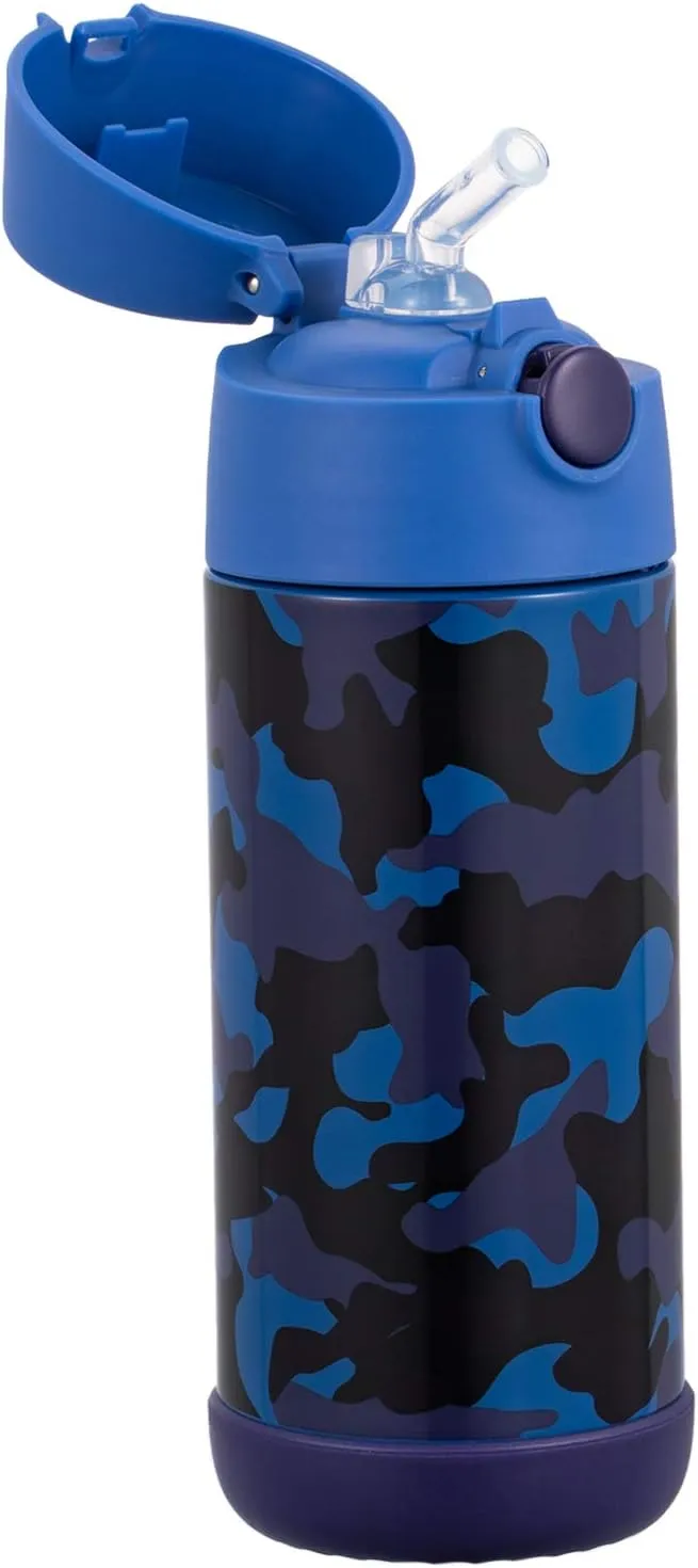 Snug Kids Water Bottle - insulated stainless steel thermos with straw (Girls/Boys) - Blue Camo, 12oz