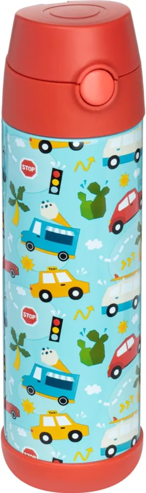 Snug Kids Water Bottle - insulated stainless steel thermos with straw (Girls/Boys) - Cars, 17oz
