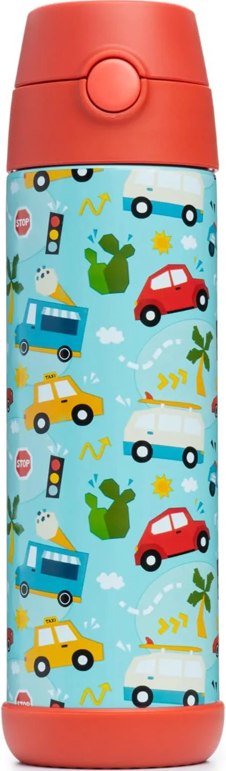 Snug Kids Water Bottle - insulated stainless steel thermos with straw (Girls/Boys) - Cars, 17oz