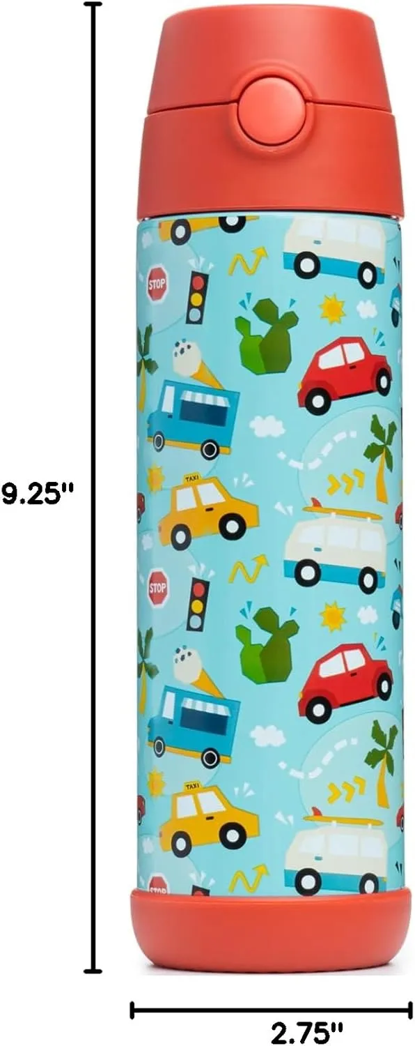Snug Kids Water Bottle - insulated stainless steel thermos with straw (Girls/Boys) - Cars, 17oz