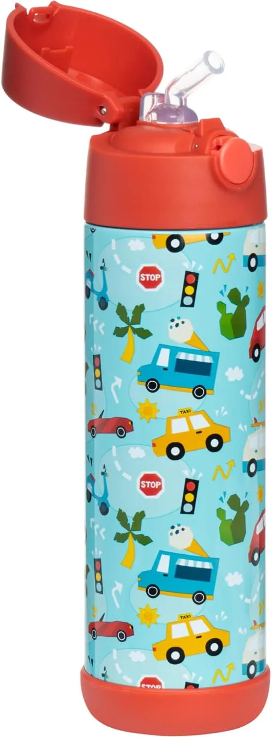 Snug Kids Water Bottle - insulated stainless steel thermos with straw (Girls/Boys) - Cars, 17oz