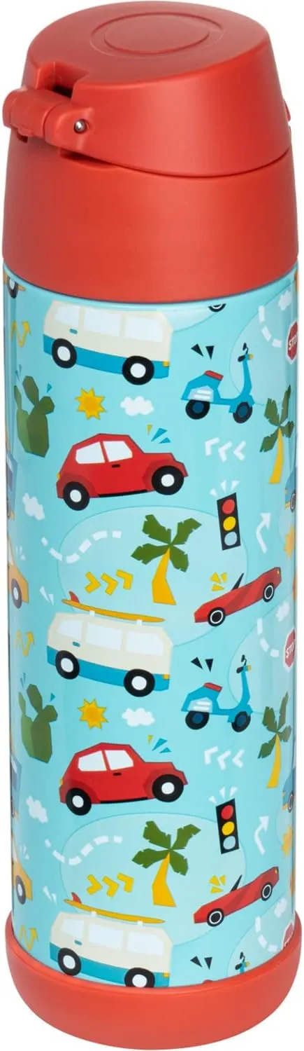 Snug Kids Water Bottle - insulated stainless steel thermos with straw (Girls/Boys) - Cars, 17oz