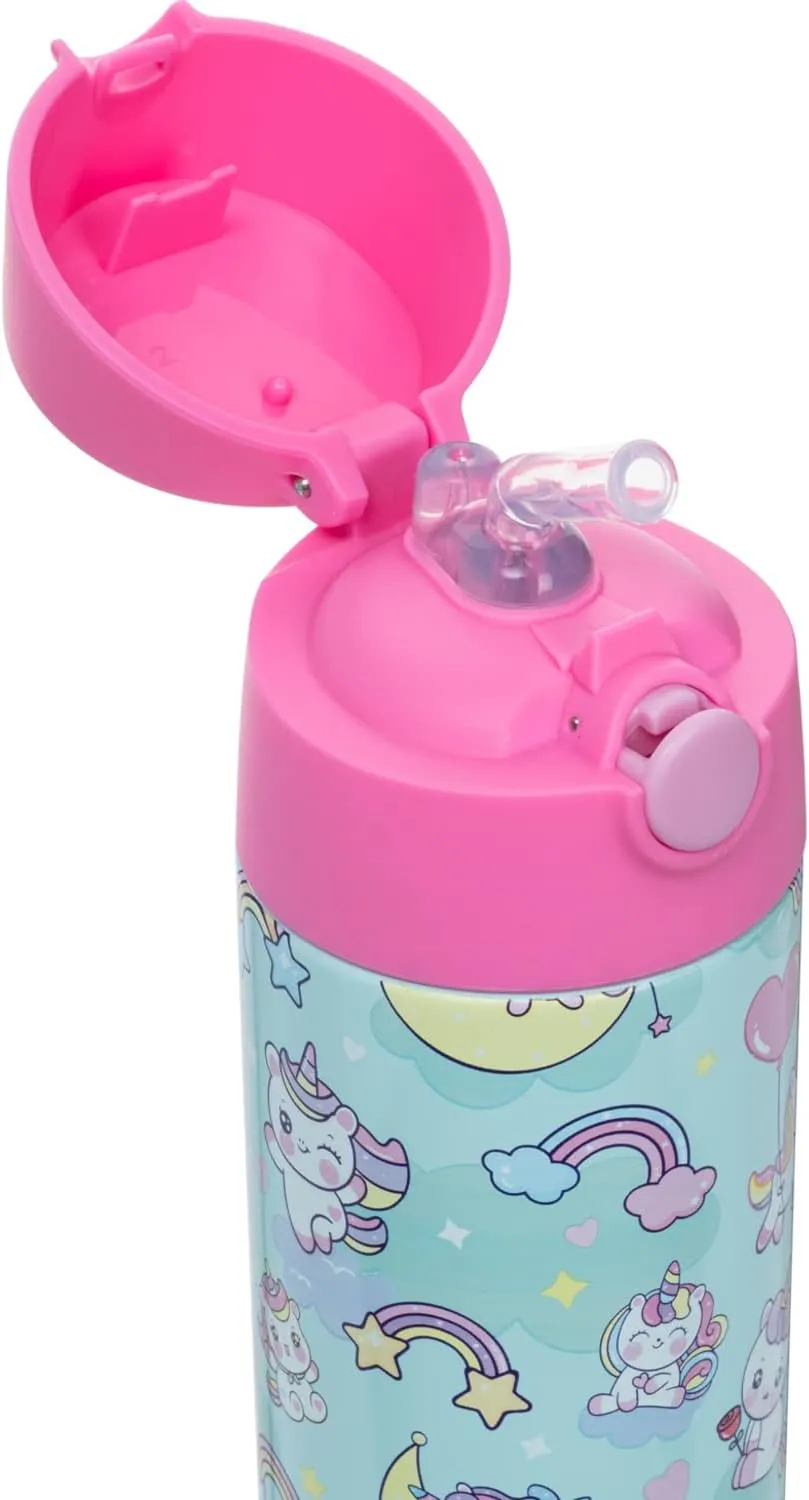 Snug Kids Water Bottle - insulated stainless steel thermos with straw (Girls/Boys) - Unicorns, 12oz