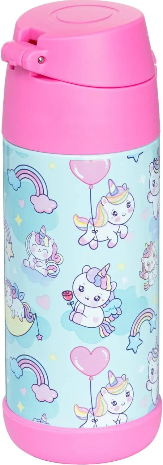 Snug Kids Water Bottle - insulated stainless steel thermos with straw (Girls/Boys) - Unicorns, 12oz