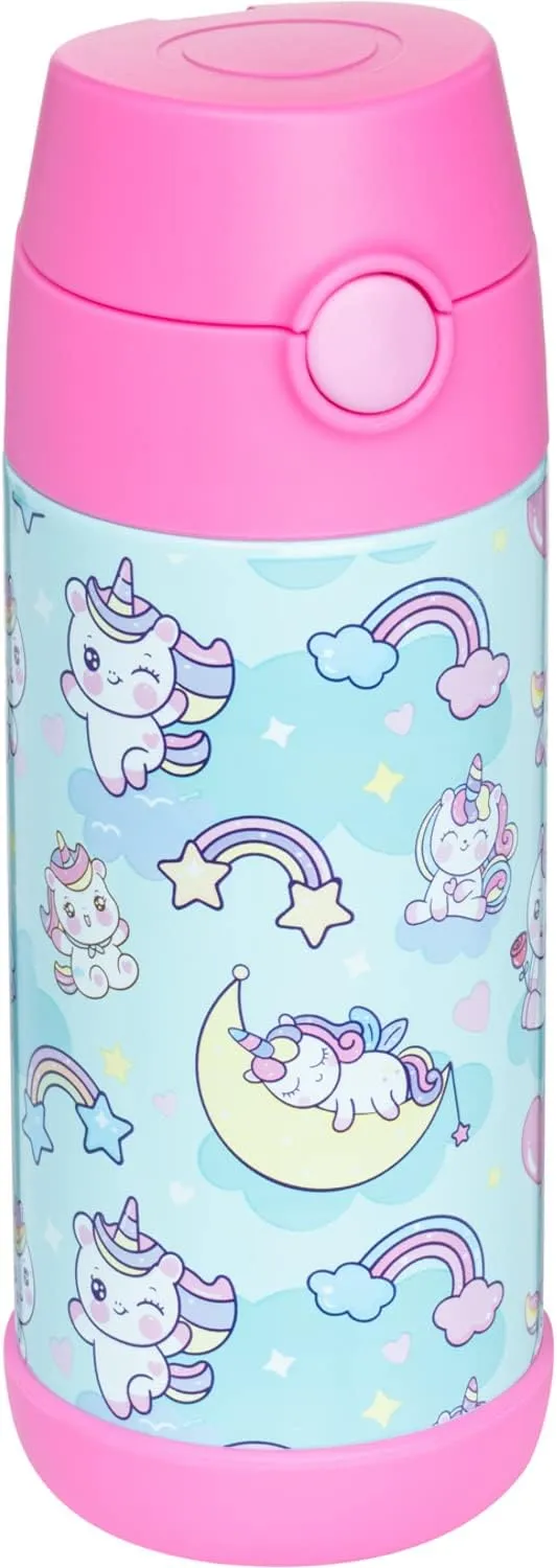 Snug Kids Water Bottle - insulated stainless steel thermos with straw (Girls/Boys) - Unicorns, 12oz