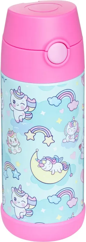 Snug Kids Water Bottle - insulated stainless steel thermos with straw (Girls/Boys) - Unicorns, 12oz