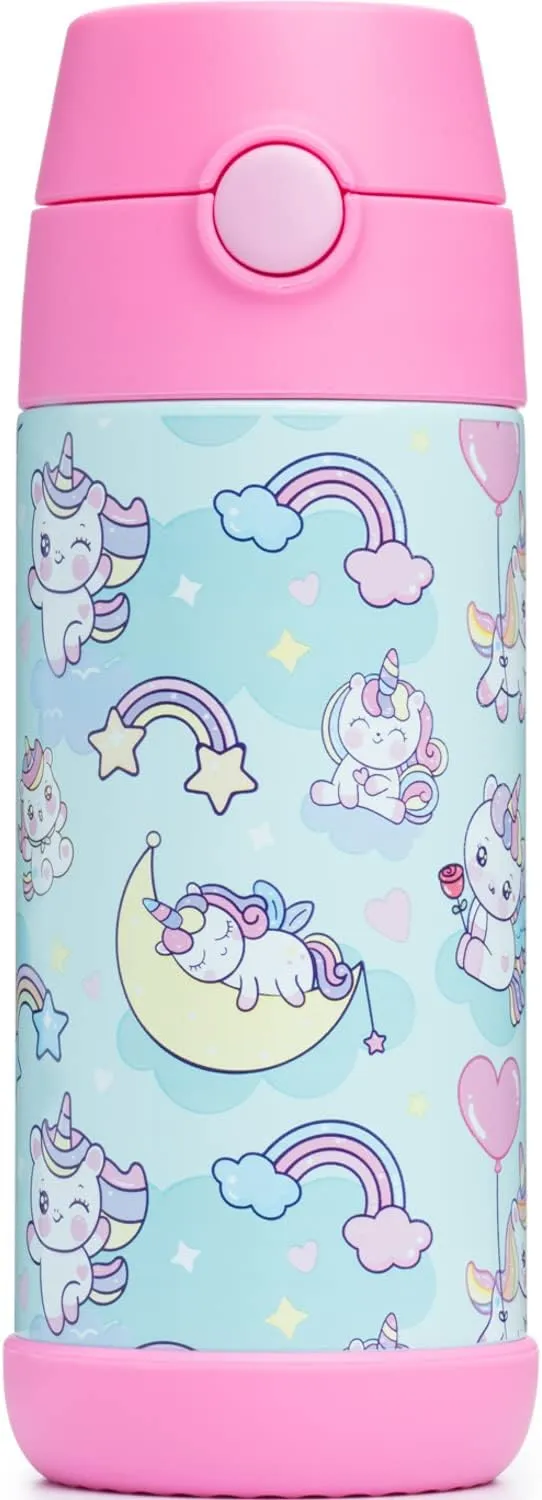 Snug Kids Water Bottle - insulated stainless steel thermos with straw (Girls/Boys) - Unicorns, 12oz