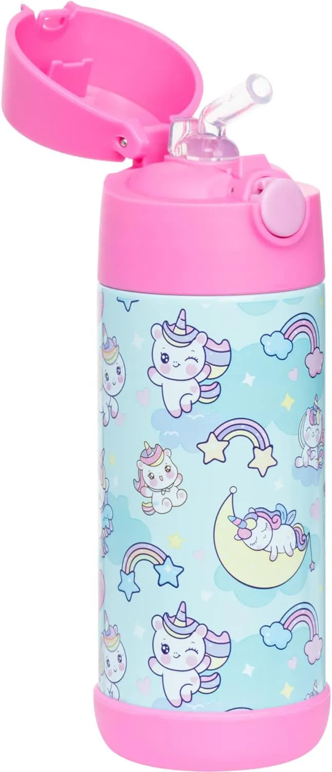 Snug Kids Water Bottle - insulated stainless steel thermos with straw (Girls/Boys) - Unicorns, 12oz