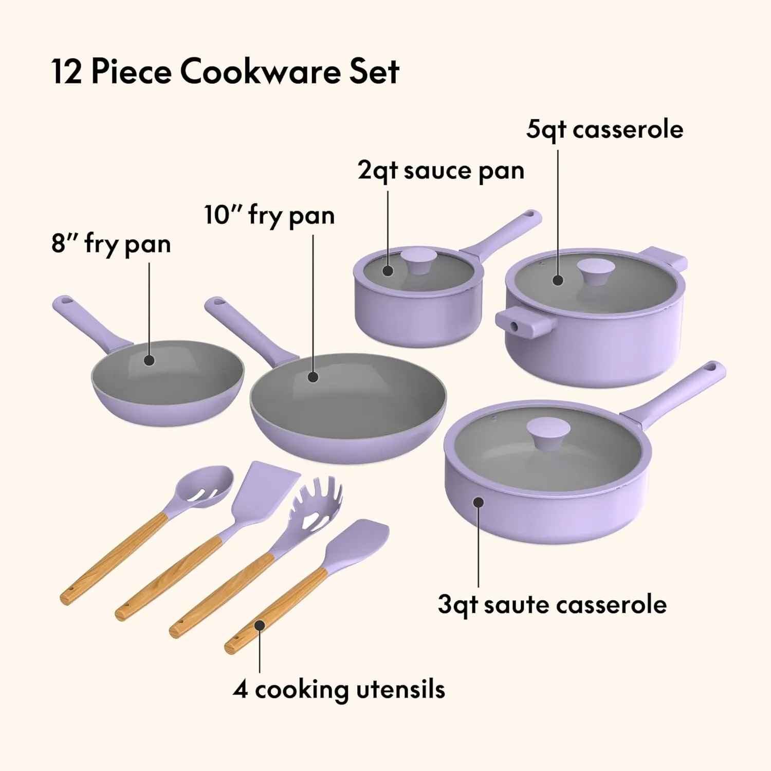 So Yummy by bella 12 Piece Cookware Set w EverGood™ Ceramic Nonstick Coating​ and Silicone & Wood Utensils, Dishwasher Safe Silicone & Glass Lids, Oven Safe & All Stovetop Compatible, Lavender