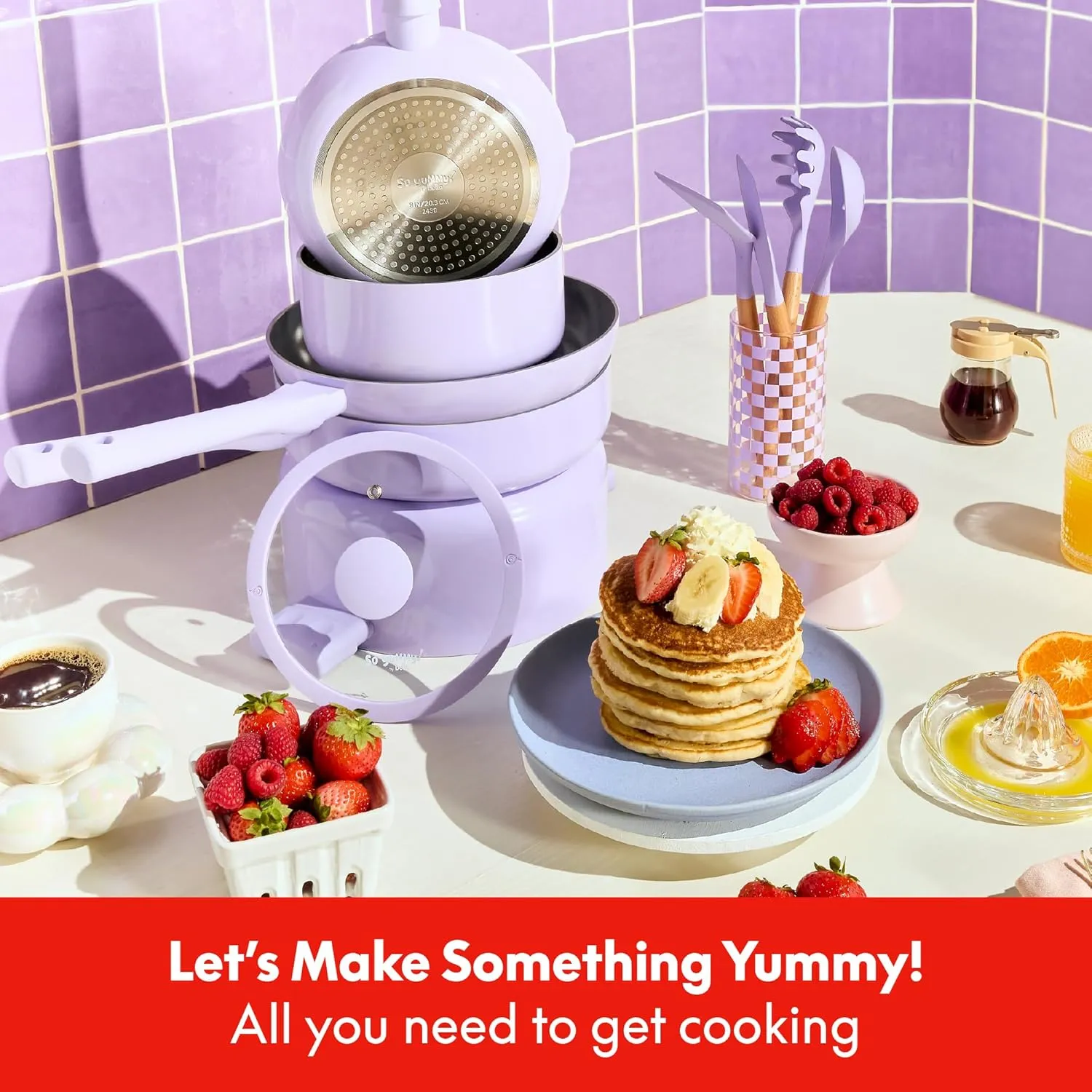 So Yummy by bella 12 Piece Cookware Set w EverGood™ Ceramic Nonstick Coating​ and Silicone & Wood Utensils, Dishwasher Safe Silicone & Glass Lids, Oven Safe & All Stovetop Compatible, Lavender