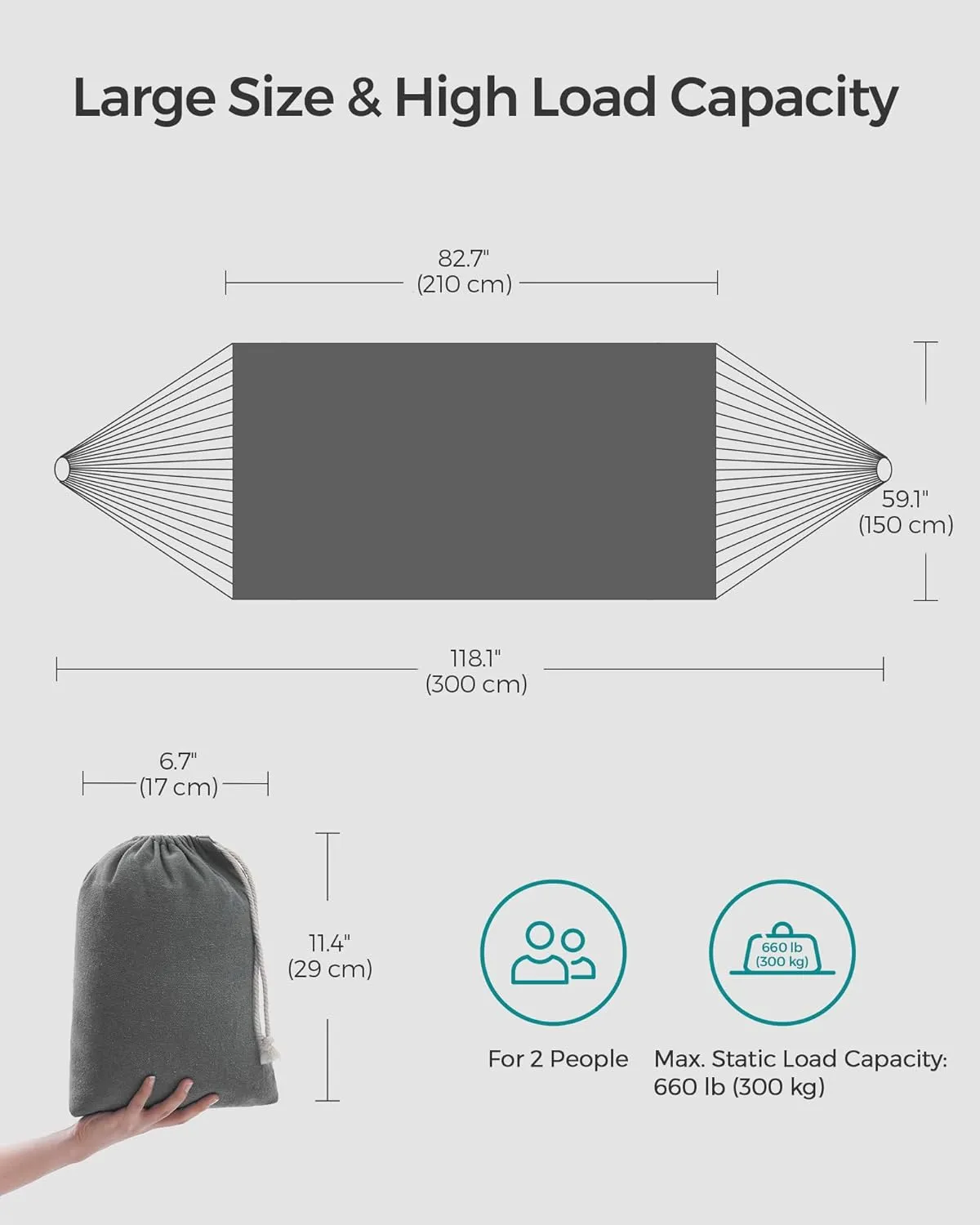 SONGMICS Double Hammock, 98.4 x 59.1 Inches, 660 lb Load Capacity, with Compression Bag, Mounting Straps, Carabiners, for Terrace, Balcony, Garden, Outdoor, Camping, Gray UGDC15GY