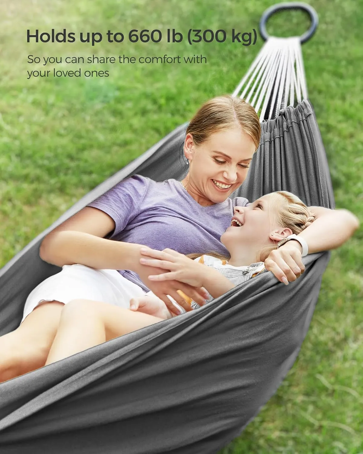 SONGMICS Double Hammock, 98.4 x 59.1 Inches, 660 lb Load Capacity, with Compression Bag, Mounting Straps, Carabiners, for Terrace, Balcony, Garden, Outdoor, Camping, Gray UGDC15GY