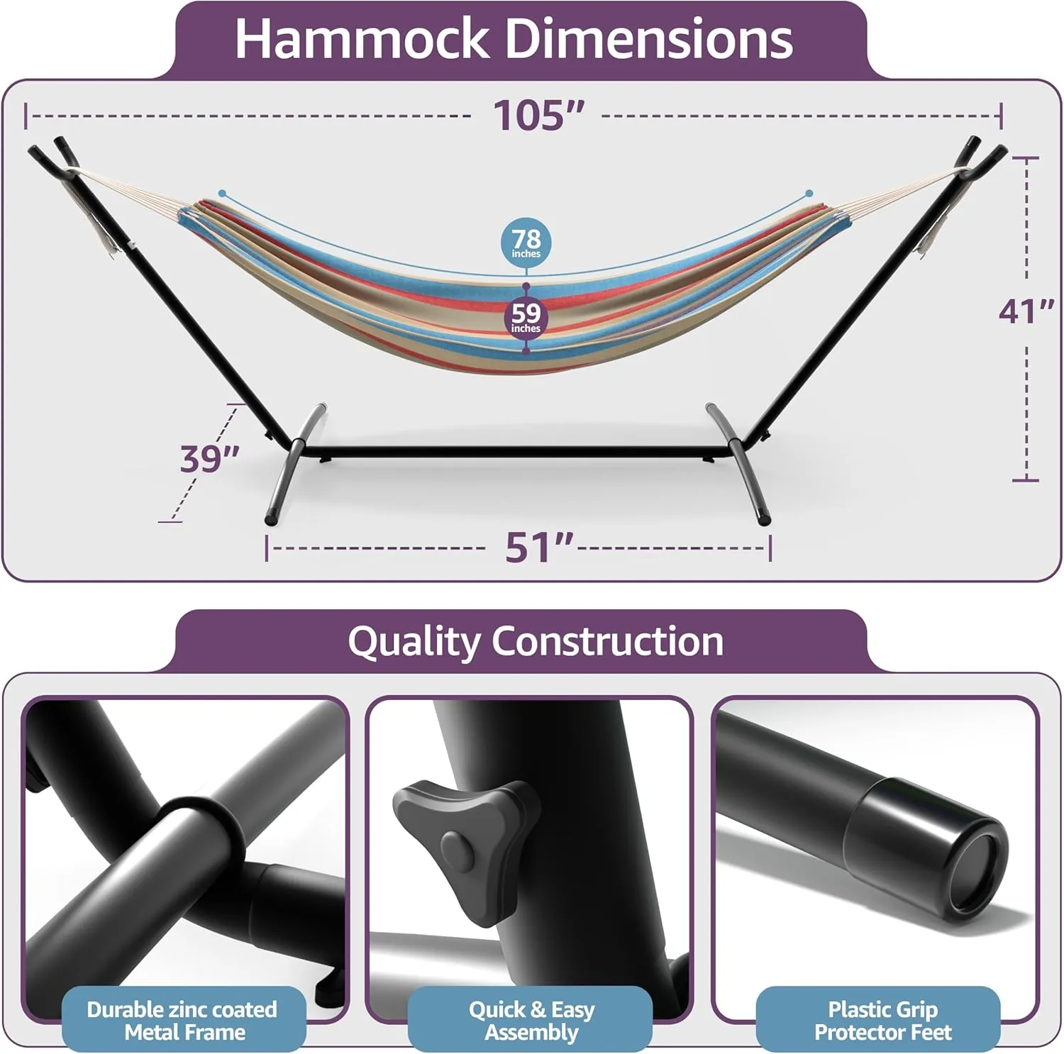 Sorbus 2-Person Luxury Hammock with Steel Stand- Premium Cotton Blend 60" Large Bed- Heavy Duty 450lbs Portable w/Carrying Case - for Garden Yard Patio Outdoor Camping Gifts- Washable