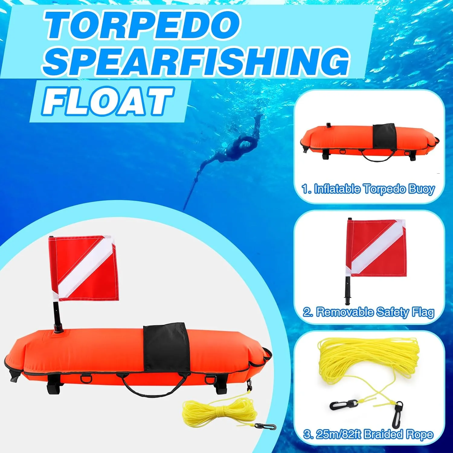 Spearfishing Buoy, Hi-Visibility Inflatable Torpedo Buoy Float Signal Floater Ball with Dive Safety Flag and 82ft Ropes for Scuba Diving, Freediving, Snorkeling, Swimming