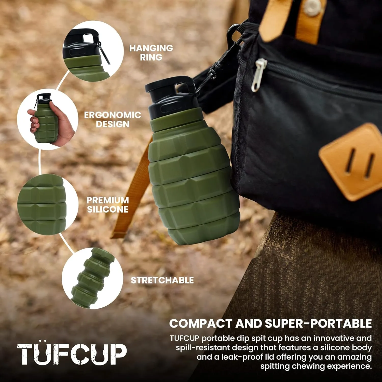 Spit Cup Spittoon for Chewing, Portable Reusable Spit Dipping Cup with Lid, Collapsible Spill Resistant Leak Proof Silicone Body Travel Spitter