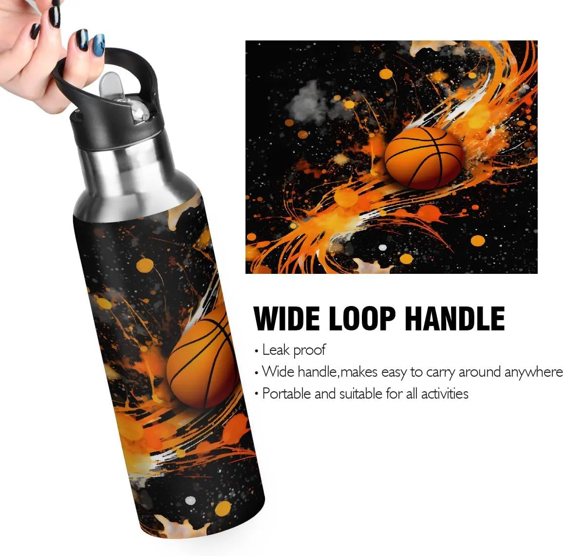 Sport Water Bottle with Straw Abstract Art Painting Basketball Kids Water Bottle Stainless Steel Insulated Leakproof Vacuum Insulated Tumblers for School Travel