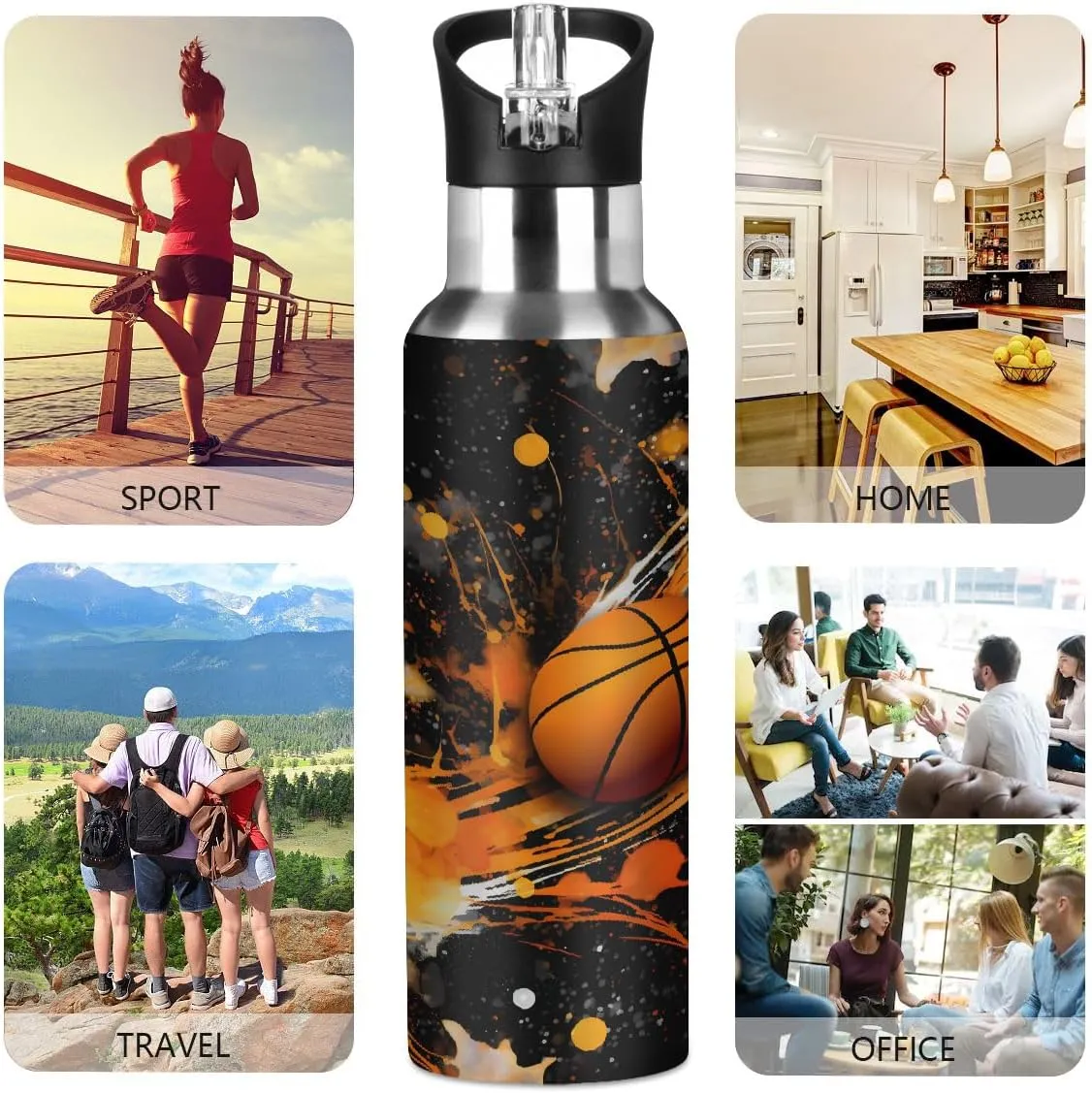 Sport Water Bottle with Straw Abstract Art Painting Basketball Kids Water Bottle Stainless Steel Insulated Leakproof Vacuum Insulated Tumblers for School Travel