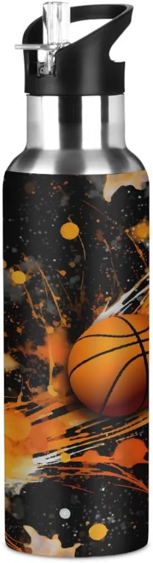 Sport Water Bottle with Straw Abstract Art Painting Basketball Kids Water Bottle Stainless Steel Insulated Leakproof Vacuum Insulated Tumblers for School Travel