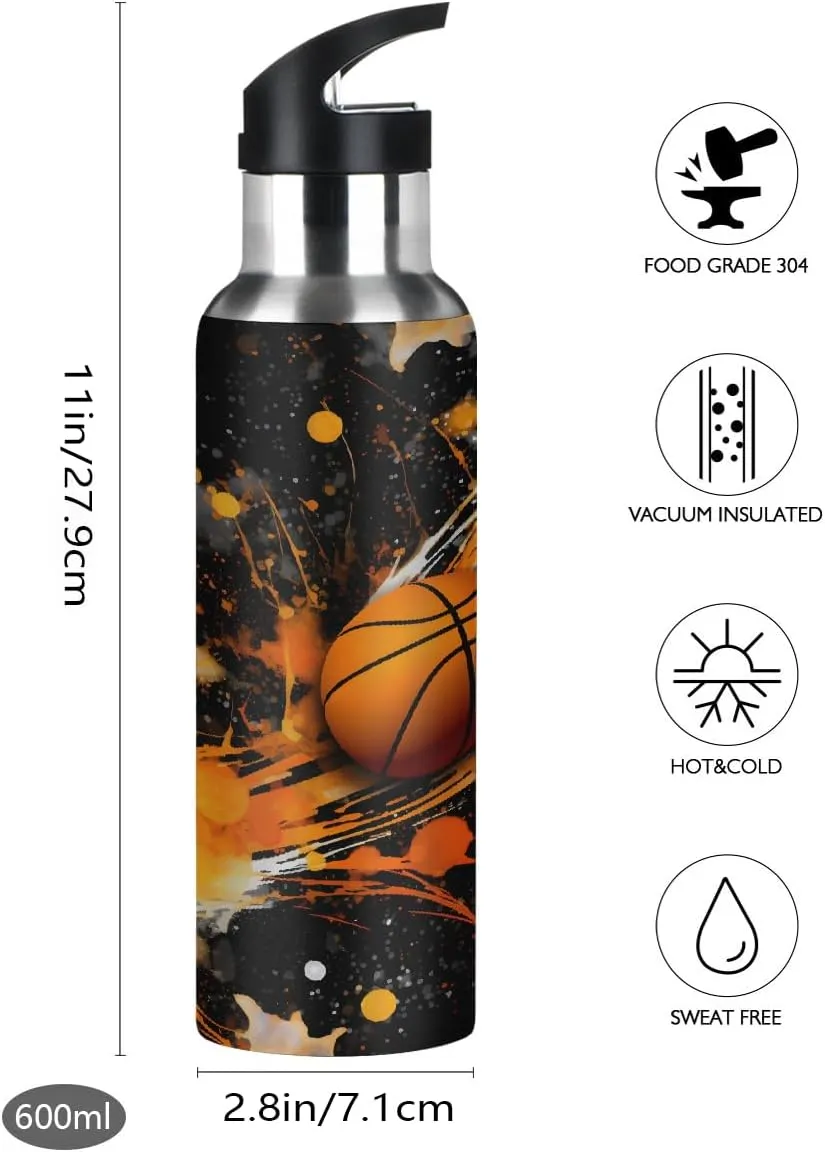 Sport Water Bottle with Straw Abstract Art Painting Basketball Kids Water Bottle Stainless Steel Insulated Leakproof Vacuum Insulated Tumblers for School Travel