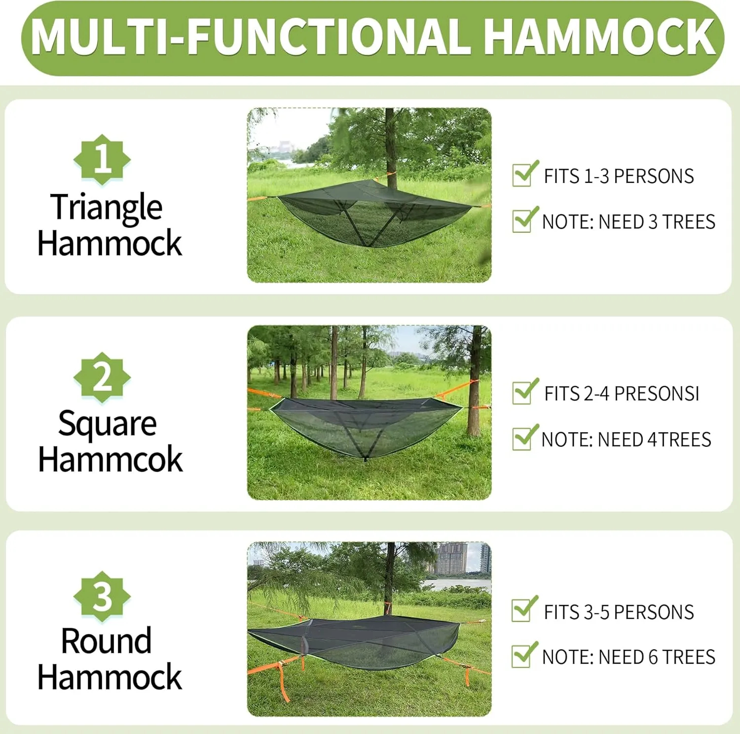 Square & Triangle Camping Hammock for Outside, Changeable Portable Hammock for Outdoor, Max 800 Lbs with 4 Ratchet & Straps and Storage Bag, Lay Flat Hammock for Friends, Family Gathering