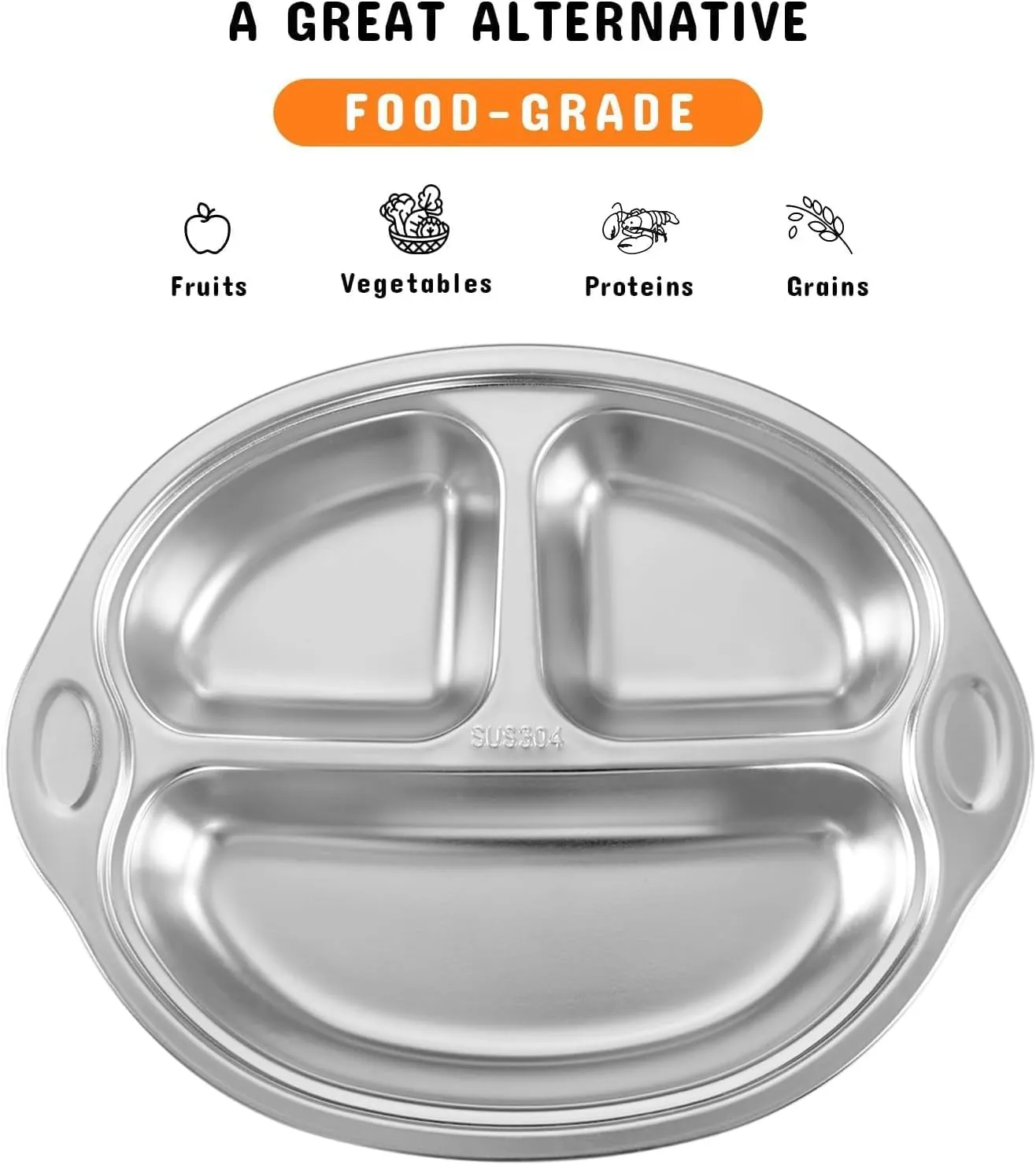 Stainless Steel Baby Suction Plates: Divided Plates for Babies & Toddlers, BPA-Free, Dishwasher Safe, Orange