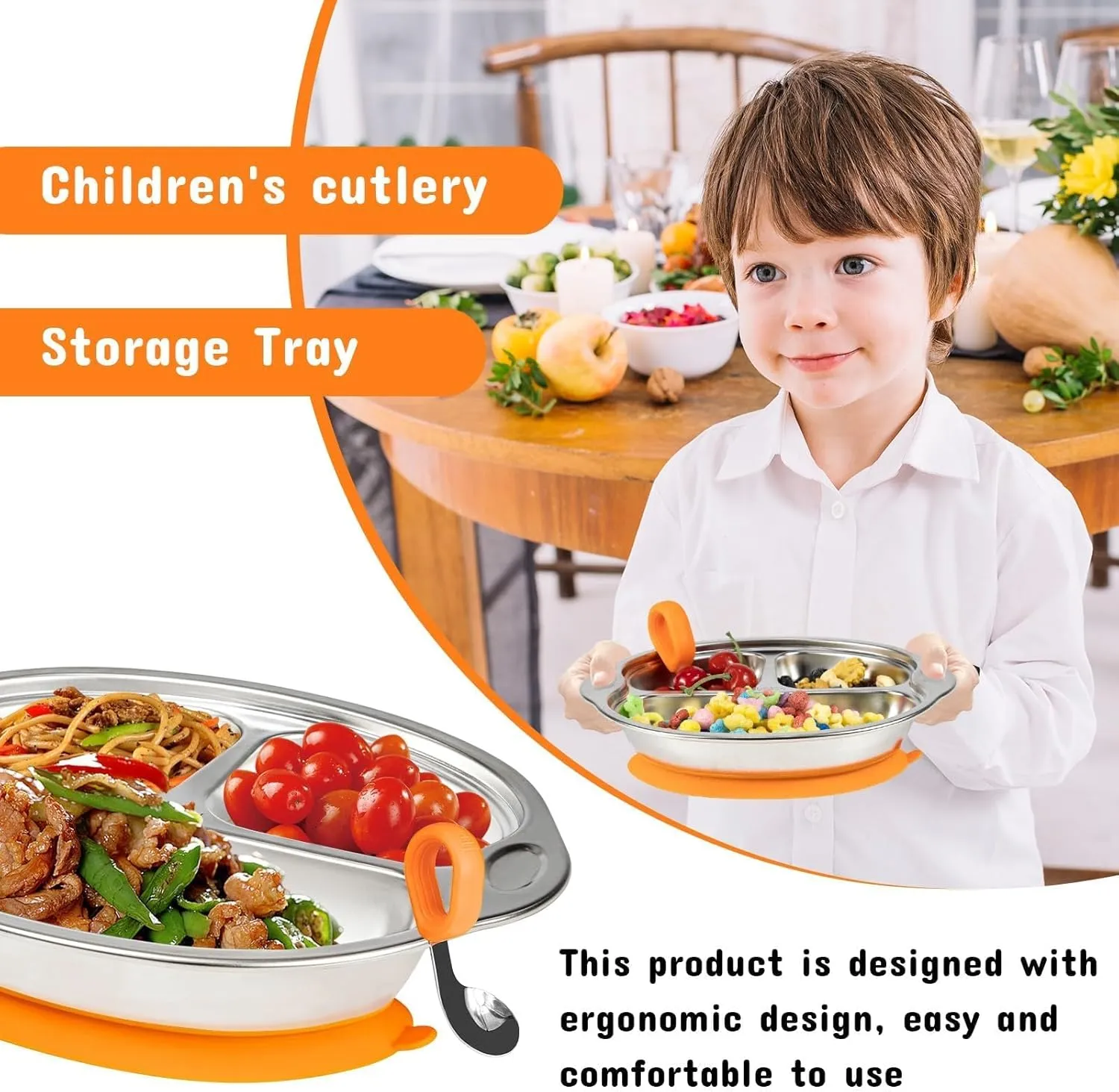 Stainless Steel Baby Suction Plates: Divided Plates for Babies & Toddlers, BPA-Free, Dishwasher Safe, Orange