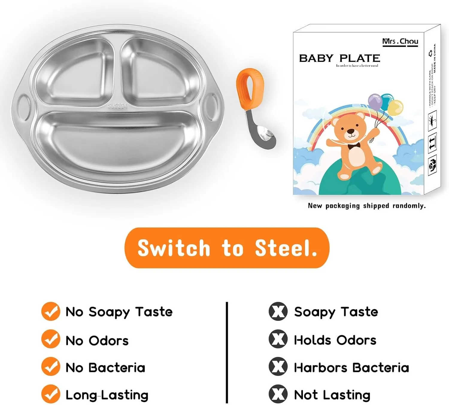 Stainless Steel Baby Suction Plates: Divided Plates for Babies & Toddlers, BPA-Free, Dishwasher Safe, Orange