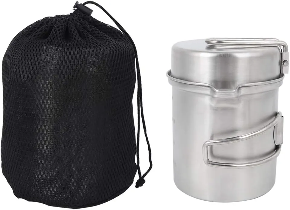 Stainless Steel Camping Cookware Set | Portable Outdoor Pot & Pan for Hiking/Backpacking/Picnic | Foldable Handle, Easy to Maintain | Includes Storage Bag