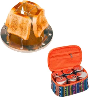 Stainless Steel Camping Toaster and Camping Spice Kit, Cooking Breakfast 4 Toast Bread Toaster Holder and Salt and Pepper Shakers Set,for BBQ Party Outdoor Hiking Camping Fishing Picnic