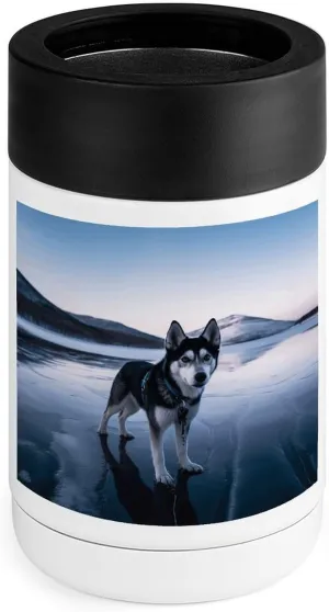 Stainless Steel Cooler, Dog on A Frozen Lake Print Multipurpose Beverage Chiller with Silicone Sleeve for Home, Office, Camping, And Bar