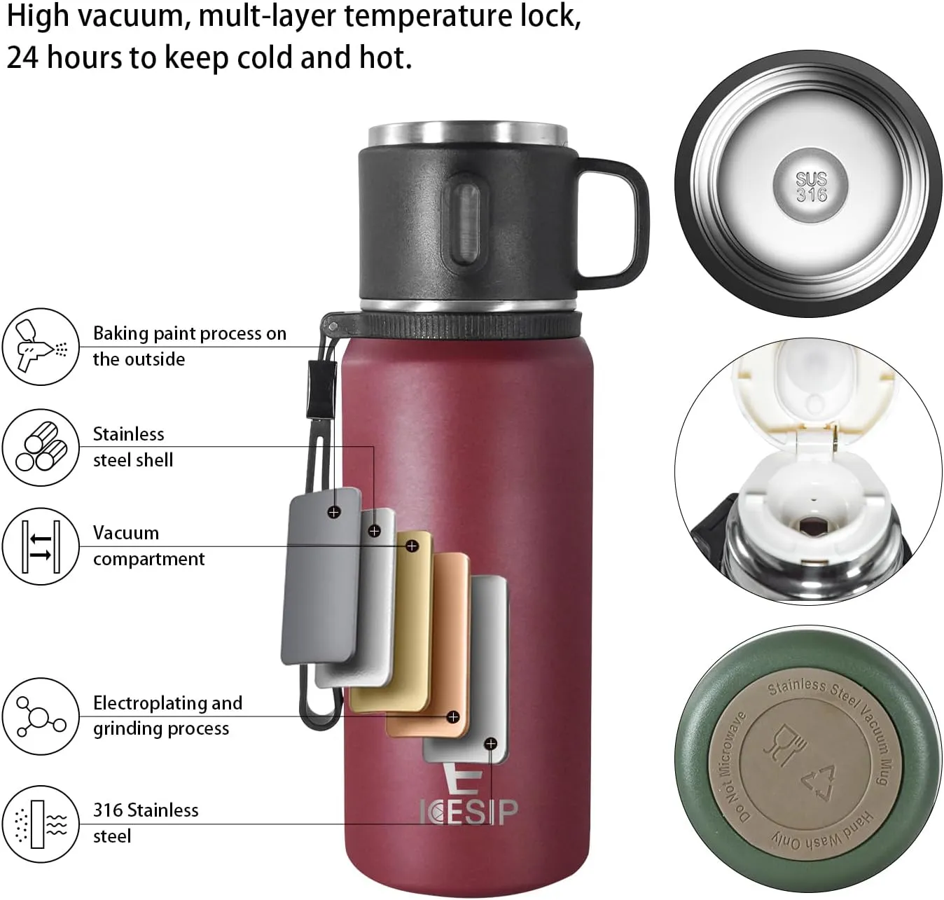 Stainless Steel Insulated Bottle, 20oz with cup Vacuum Insulated Water Bottle, Thermo for Hot Drinks/Cold Drinks,24-Hr Insulation Commute, Travel