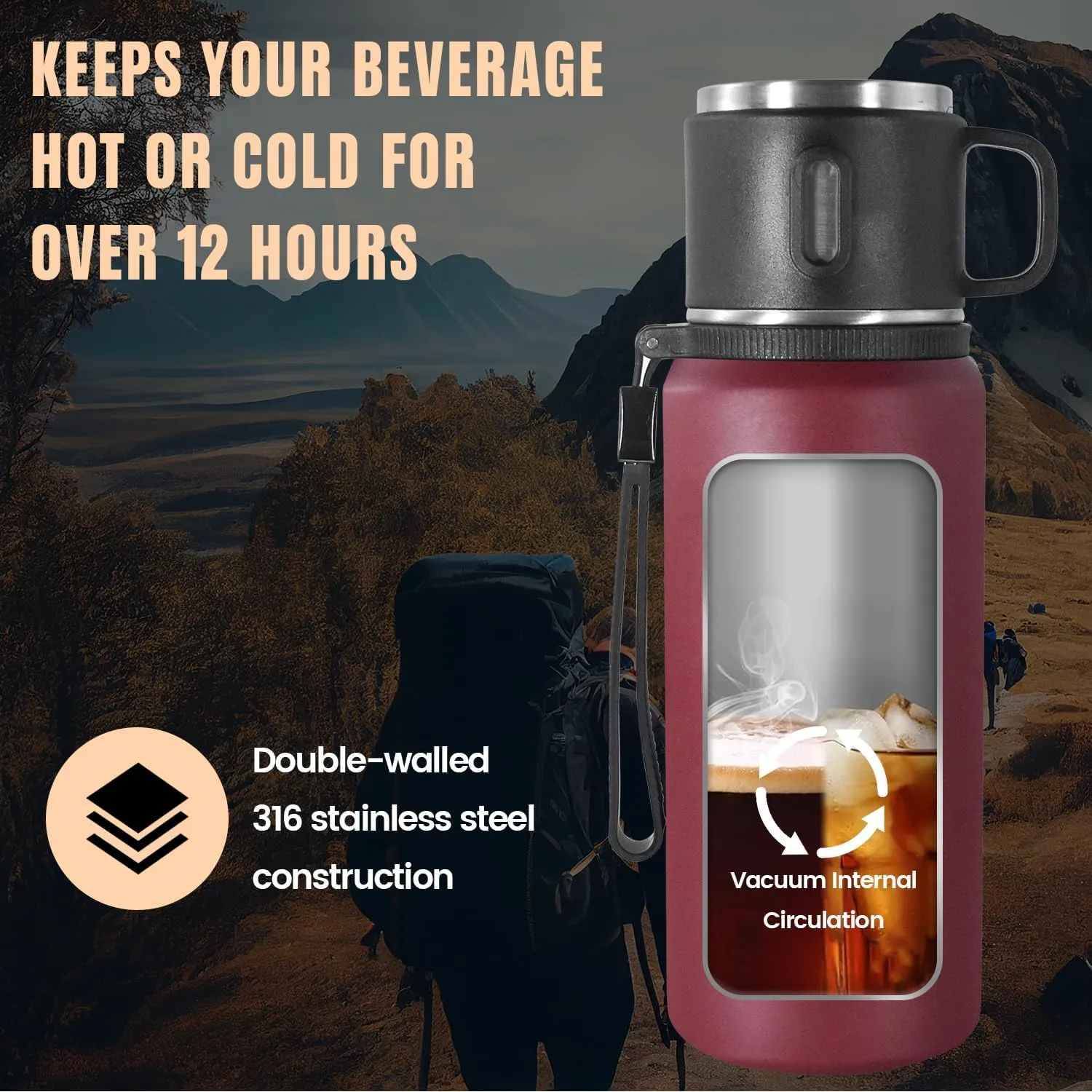 Stainless Steel Insulated Bottle, 20oz with cup Vacuum Insulated Water Bottle, Thermo for Hot Drinks/Cold Drinks,24-Hr Insulation Commute, Travel
