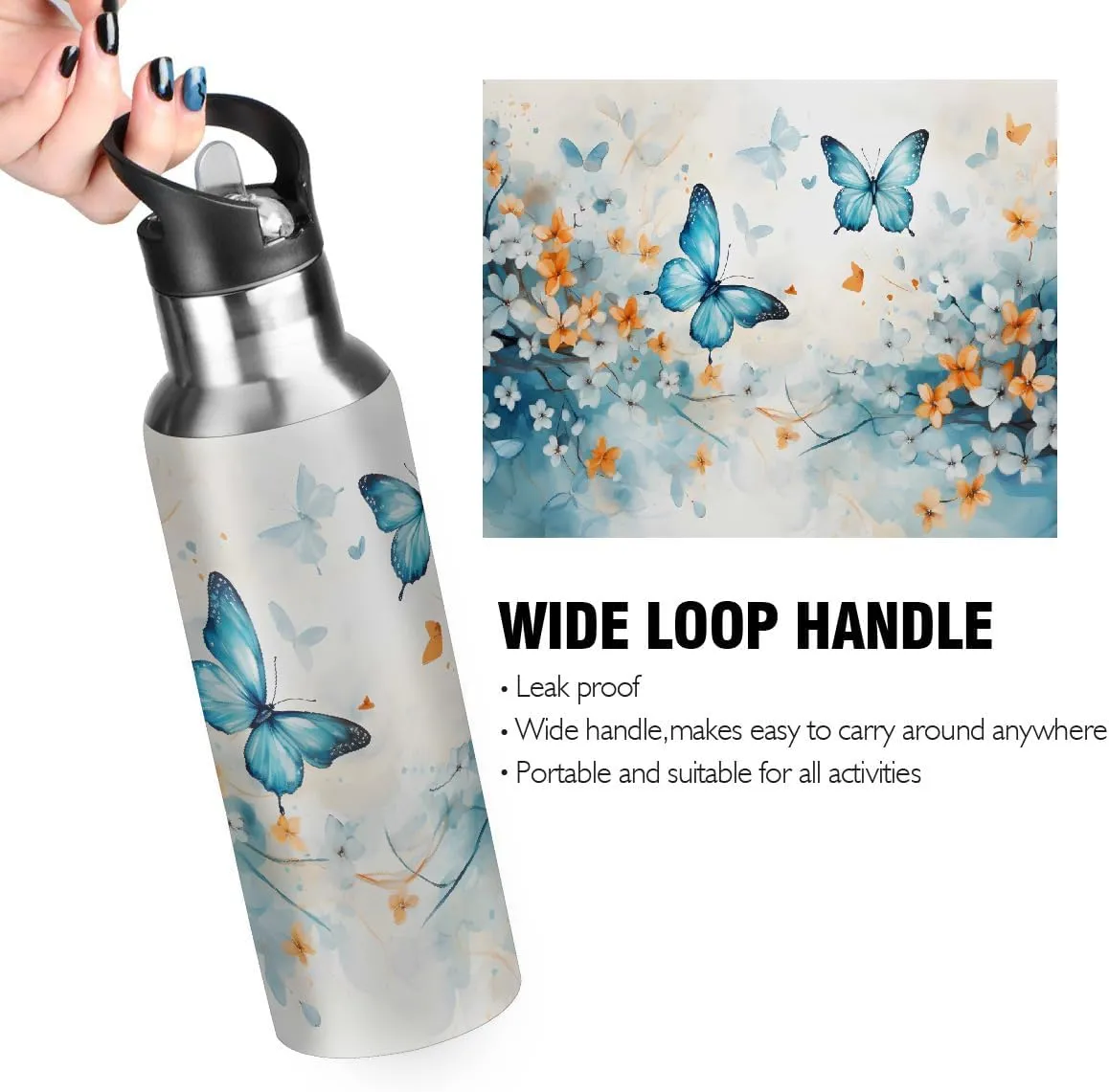Stainless Steel Water Bottle with Straw 20oz, Spring Butterfly Floral Insulated Sports Bottle for Men & Women, Hot/Cold Double Wall (600ml)