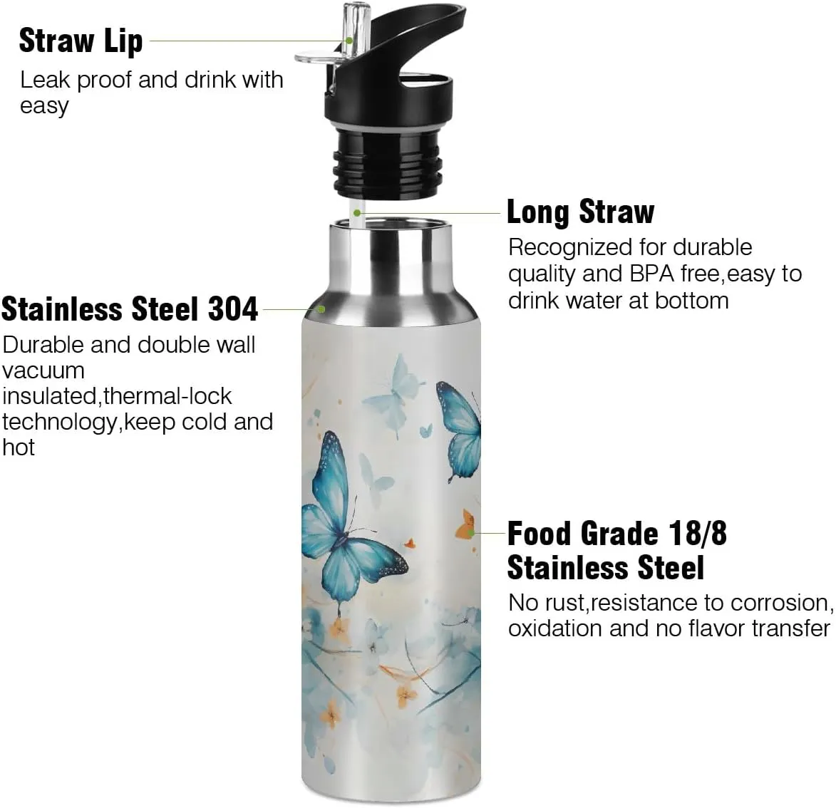 Stainless Steel Water Bottle with Straw 20oz, Spring Butterfly Floral Insulated Sports Bottle for Men & Women, Hot/Cold Double Wall (600ml)