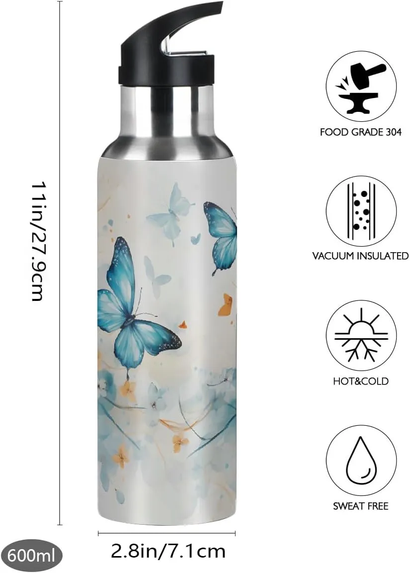 Stainless Steel Water Bottle with Straw 20oz, Spring Butterfly Floral Insulated Sports Bottle for Men & Women, Hot/Cold Double Wall (600ml)