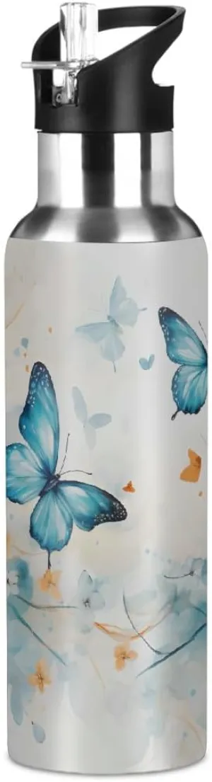 Stainless Steel Water Bottle with Straw 20oz, Spring Butterfly Floral Insulated Sports Bottle for Men & Women, Hot/Cold Double Wall (600ml)