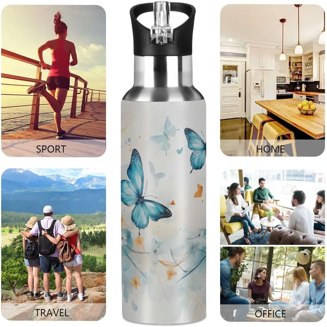 Stainless Steel Water Bottle with Straw 20oz, Spring Butterfly Floral Insulated Sports Bottle for Men & Women, Hot/Cold Double Wall (600ml)