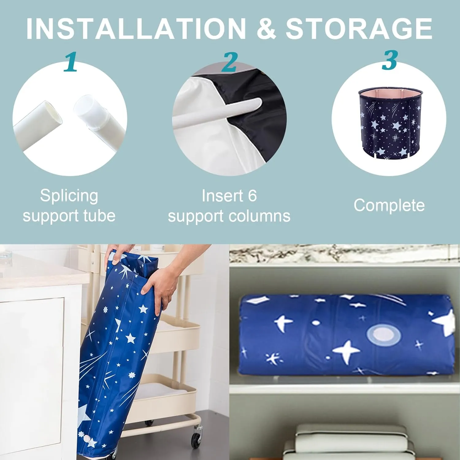 STARBRILLIANT Portable Foldable Bathtub, Collapsible Adult Travel Bath Tub for Camping, Home & Spa, Space-Saving Storage, Durable PVC Material (Starry Sky B, 27inch)