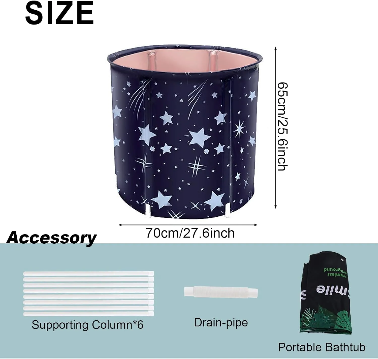STARBRILLIANT Portable Foldable Bathtub, Collapsible Adult Travel Bath Tub for Camping, Home & Spa, Space-Saving Storage, Durable PVC Material (Starry Sky B, 27inch)