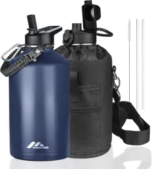 StarSpeed One Gallon Insulated Water Bottle with Straws & 2 Lids, 128oz Stainless Steel Double Walled Vacuum Water Jug, Large Wide Mouth with Paracord Handle for Gym Camping Hiking, Navy Blue