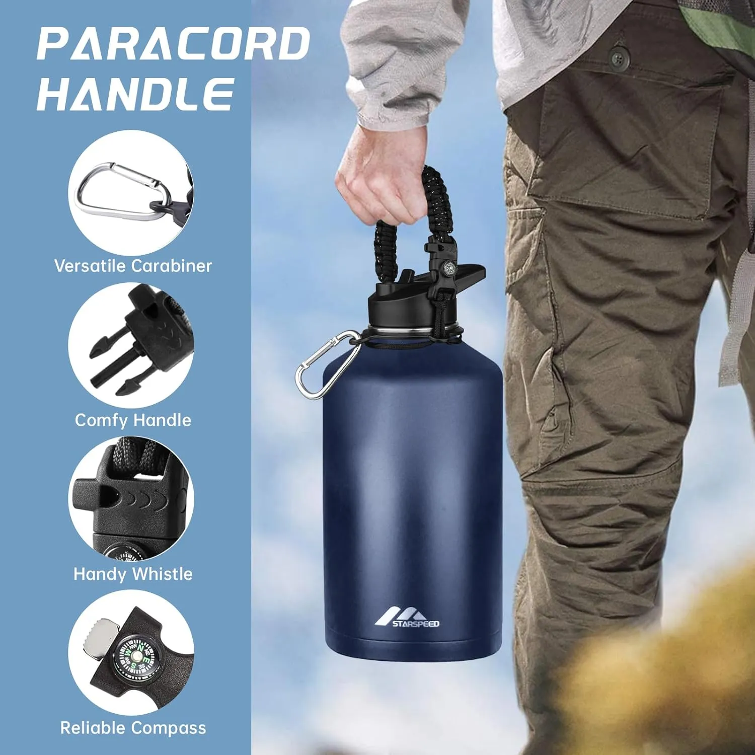 StarSpeed One Gallon Insulated Water Bottle with Straws & 2 Lids, 128oz Stainless Steel Double Walled Vacuum Water Jug, Large Wide Mouth with Paracord Handle for Gym Camping Hiking, Navy Blue