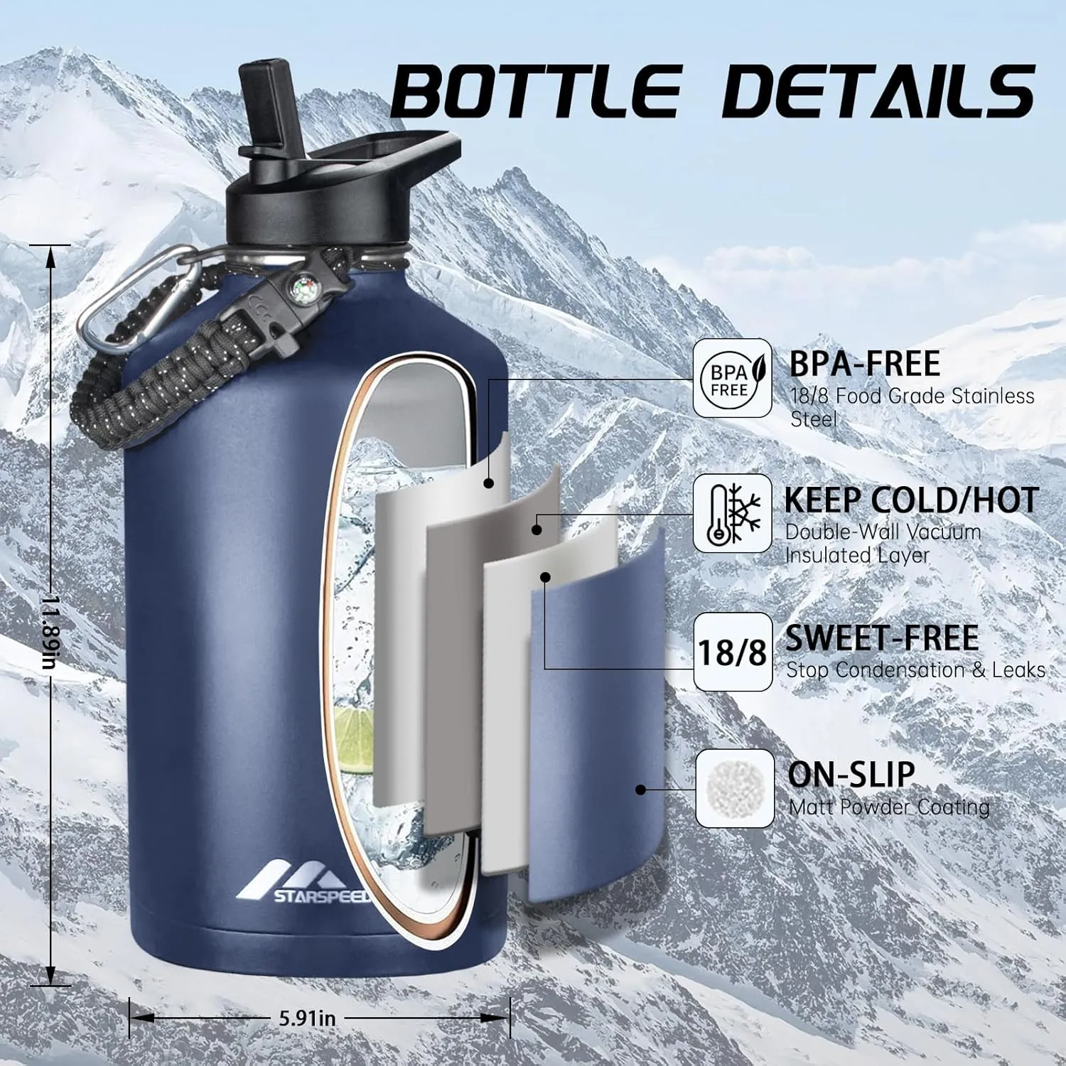 StarSpeed One Gallon Insulated Water Bottle with Straws & 2 Lids, 128oz Stainless Steel Double Walled Vacuum Water Jug, Large Wide Mouth with Paracord Handle for Gym Camping Hiking, Navy Blue
