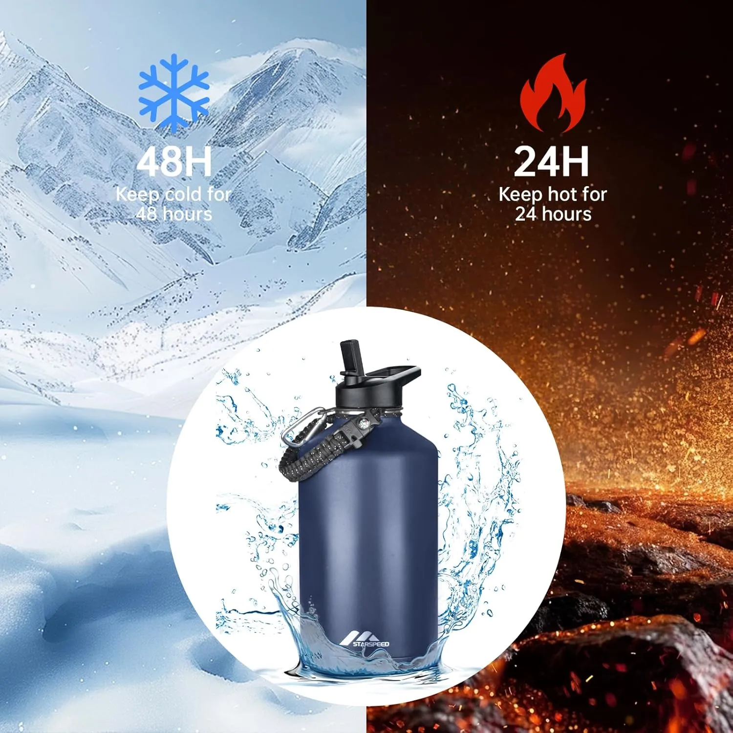 StarSpeed One Gallon Insulated Water Bottle with Straws & 2 Lids, 128oz Stainless Steel Double Walled Vacuum Water Jug, Large Wide Mouth with Paracord Handle for Gym Camping Hiking, Navy Blue