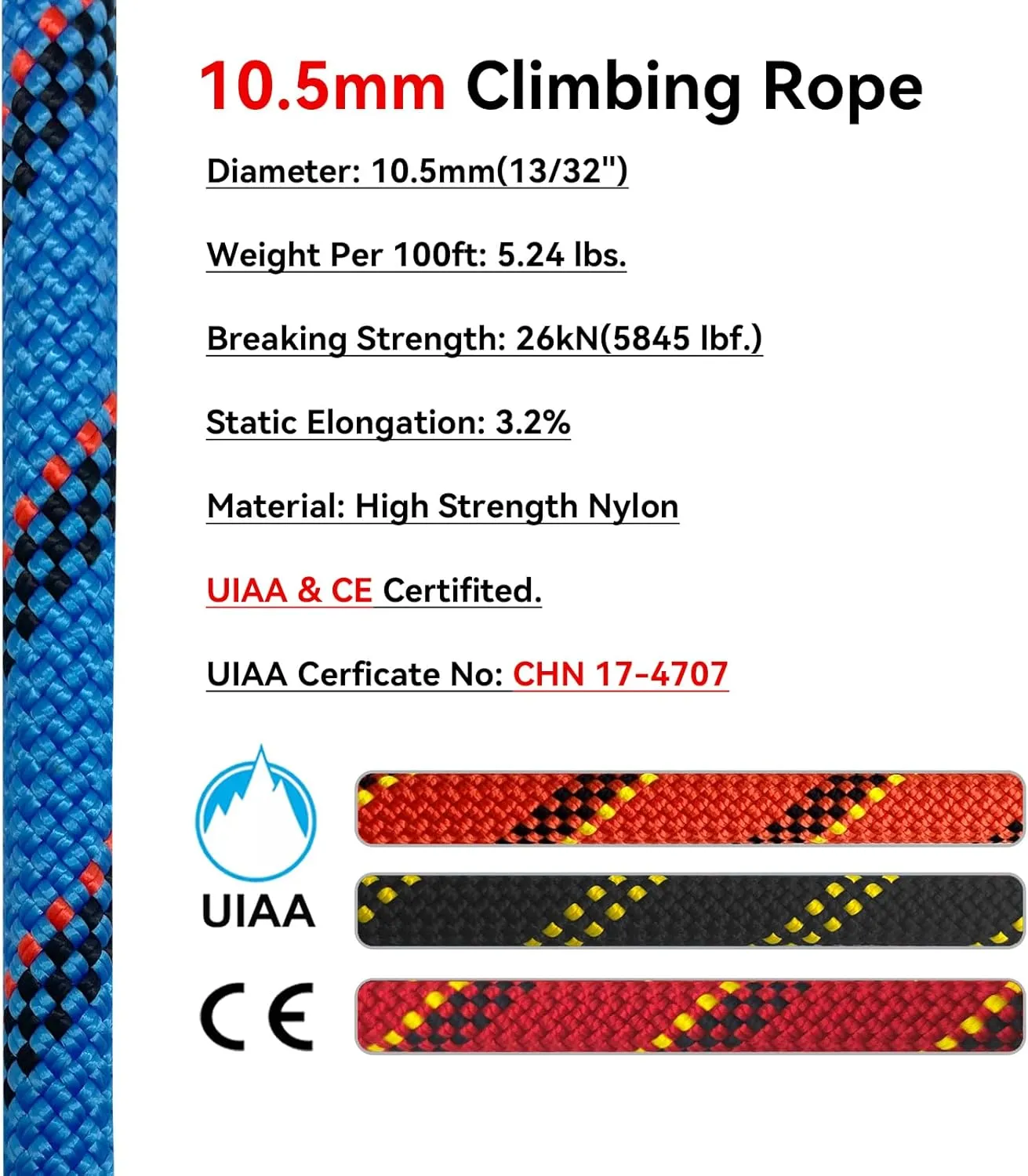 Static Climbing Rope 10.5mm UIAA Static Line Rappelling Rope Nylon Kern Mantle Rope for Escape Rope Rock Climbing, Mountain Tree Climbing, Hauling, Rescue